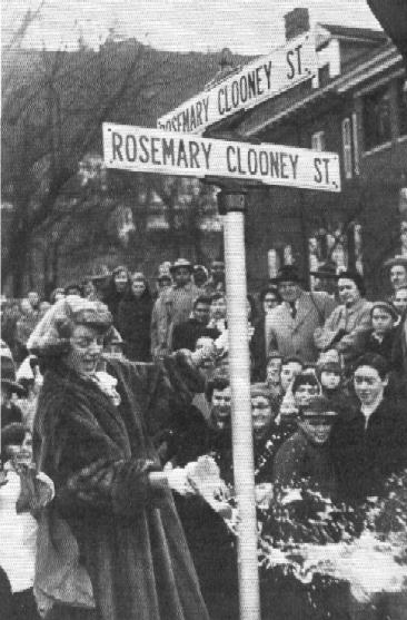 In 1952, with a bottle of Ohio River water, Clooney dedicated a street that still bears her name in her hometown of Maysville, Ky.